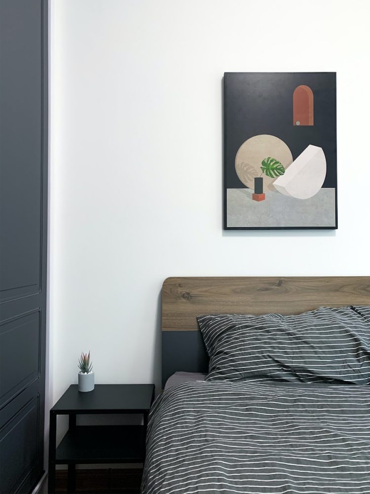 white and black bed linen