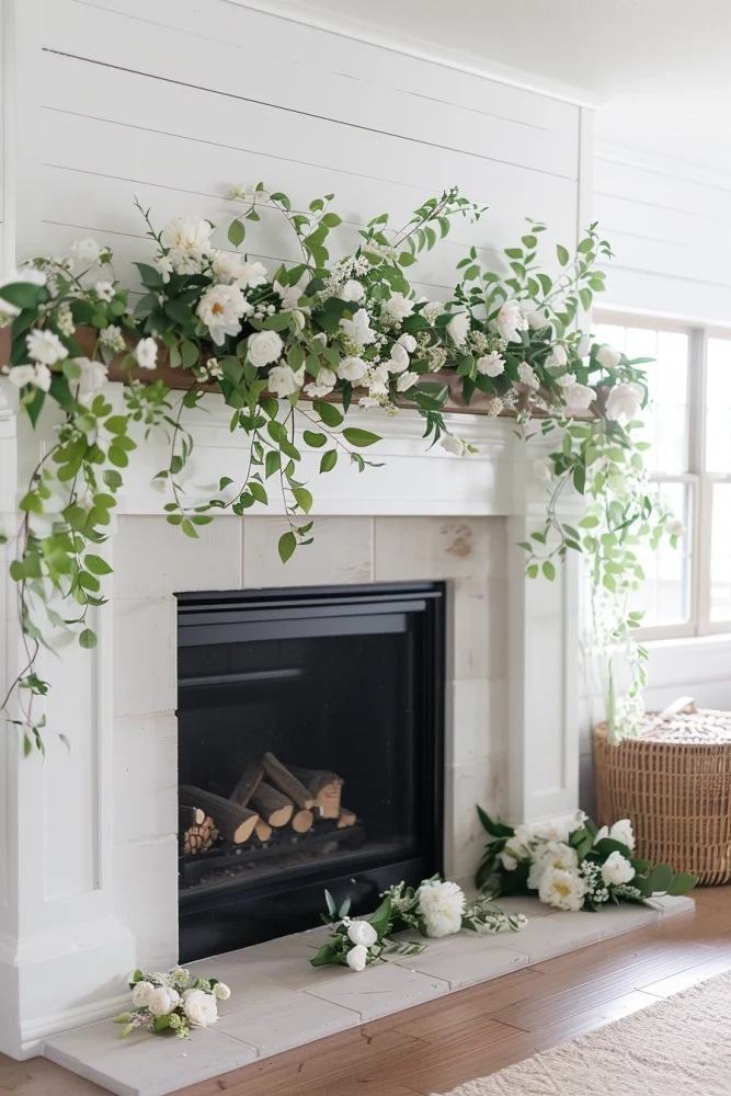 spring fireplace mantle decor ideas floral garland 3