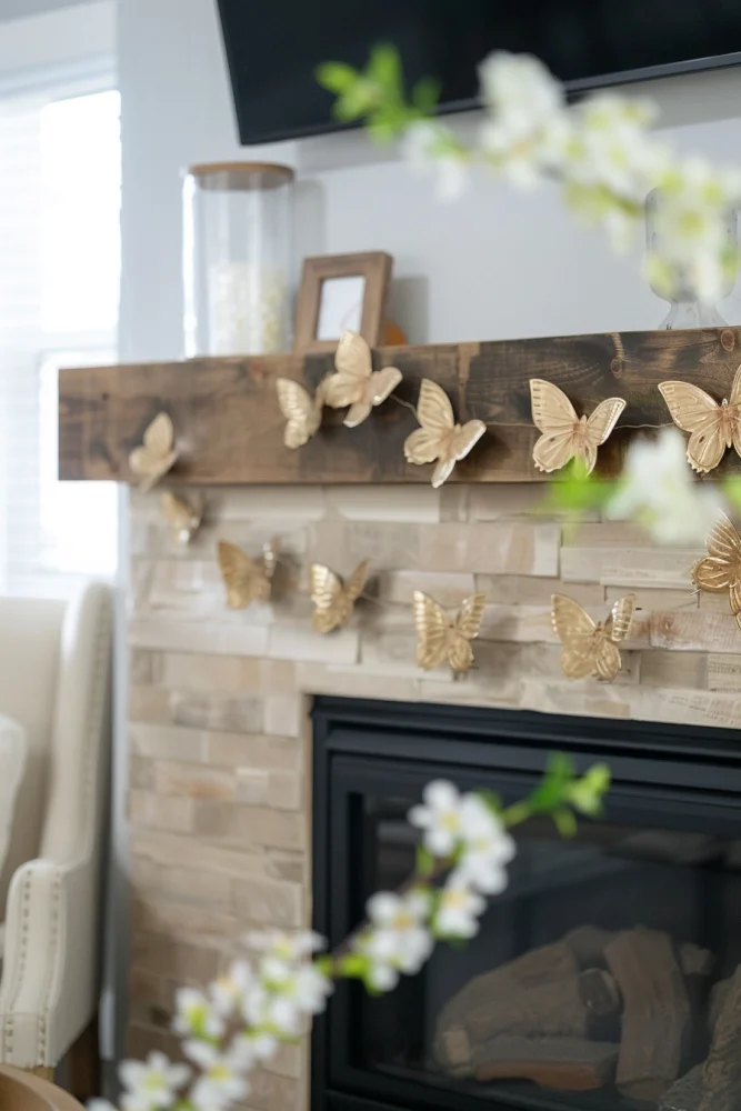 spring fireplace mantle decor ideas with butterfly accents 2
