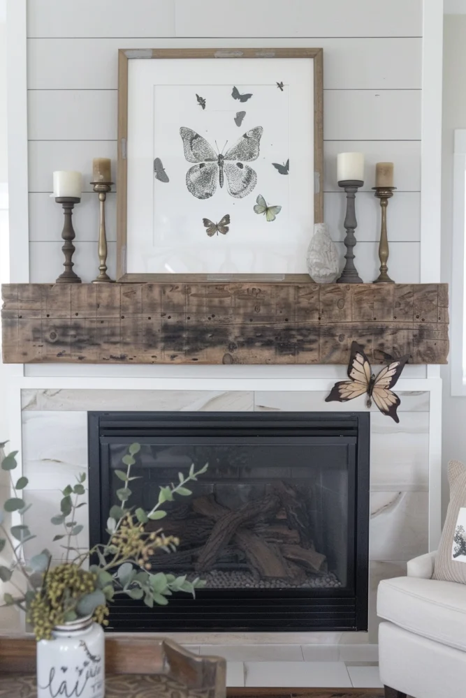 spring fireplace mantle decor ideas with butterfly accents 3