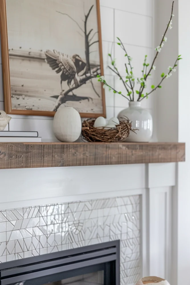spring fireplace mantle decor ideas with faux nest and eggs 2