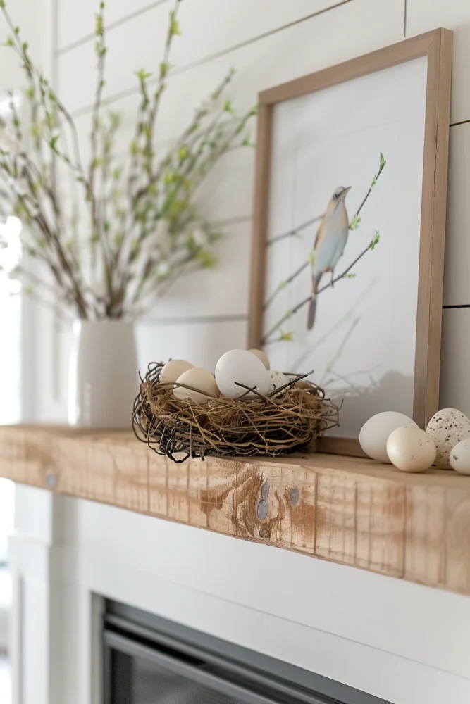 spring fireplace mantle decor ideas with faux nest and eggs 3