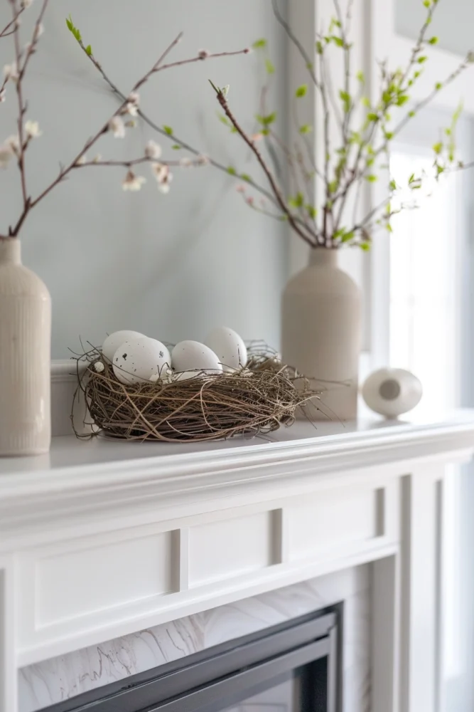 spring fireplace mantle decor ideas with faux nest and eggs 4