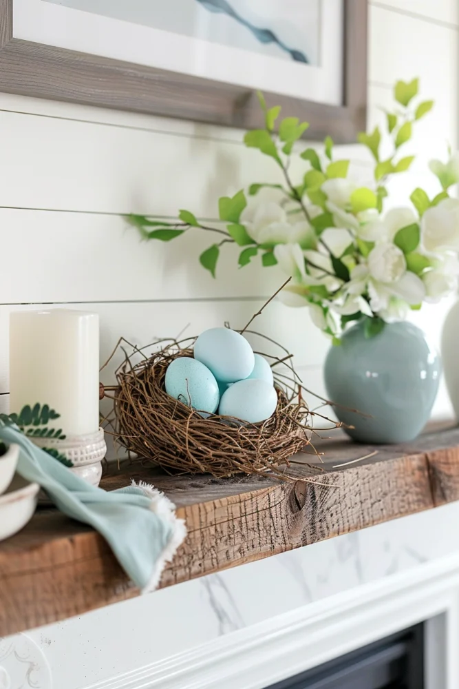spring fireplace mantle decor ideas with faux nest and eggs