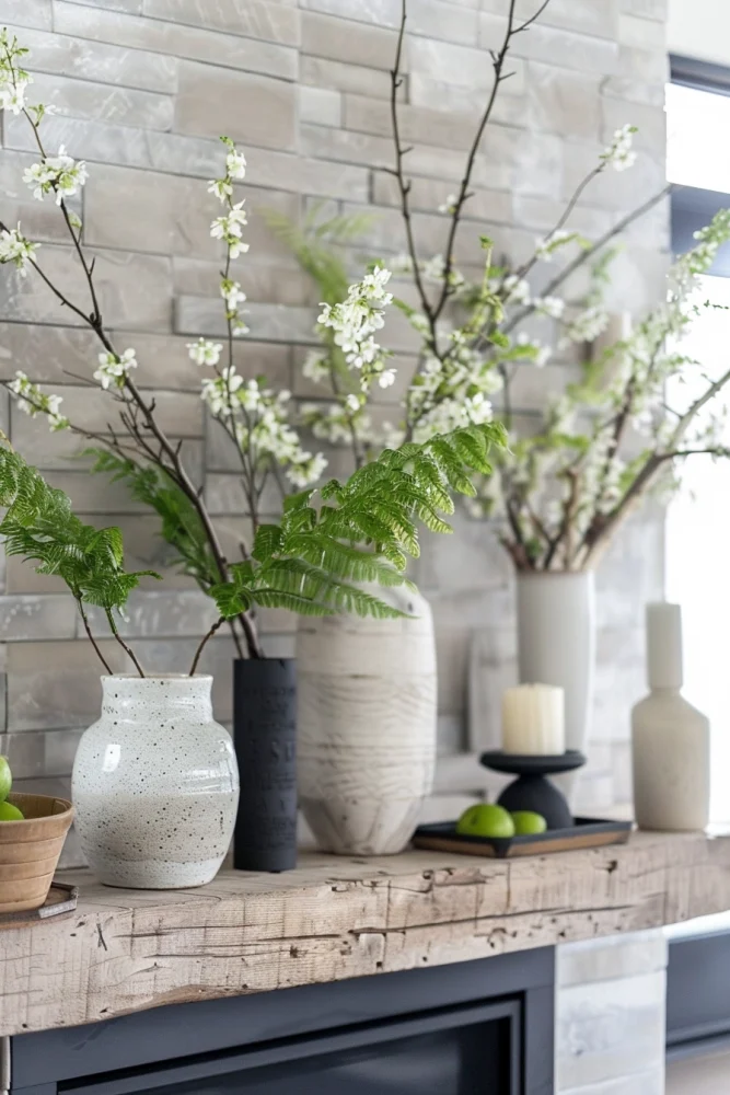 spring fireplace mantle decor ideas with fresh greenery 2
