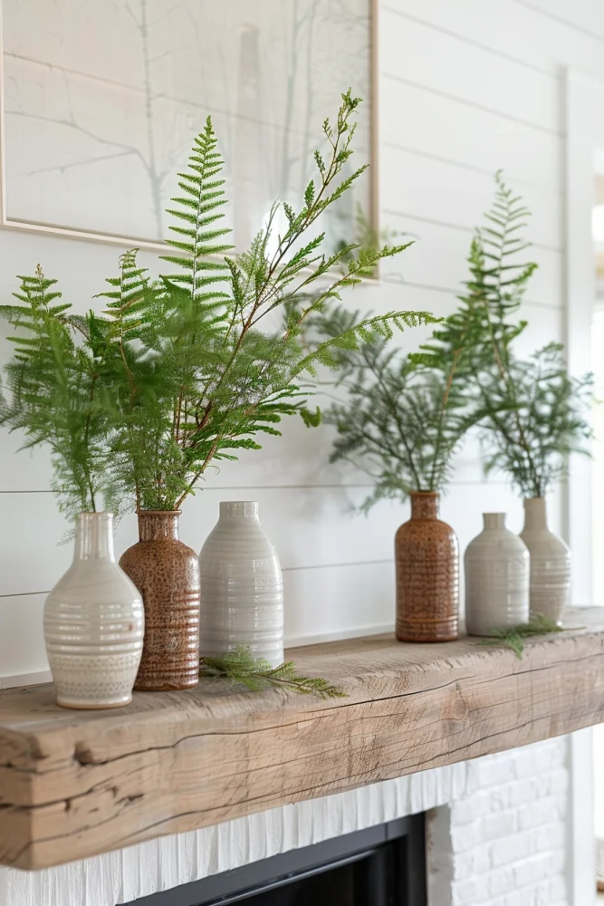 spring fireplace mantle decor ideas with fresh greenery 3