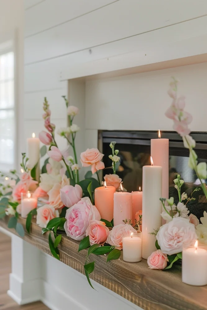 spring fireplace mantle decor ideas with pastel candles 2