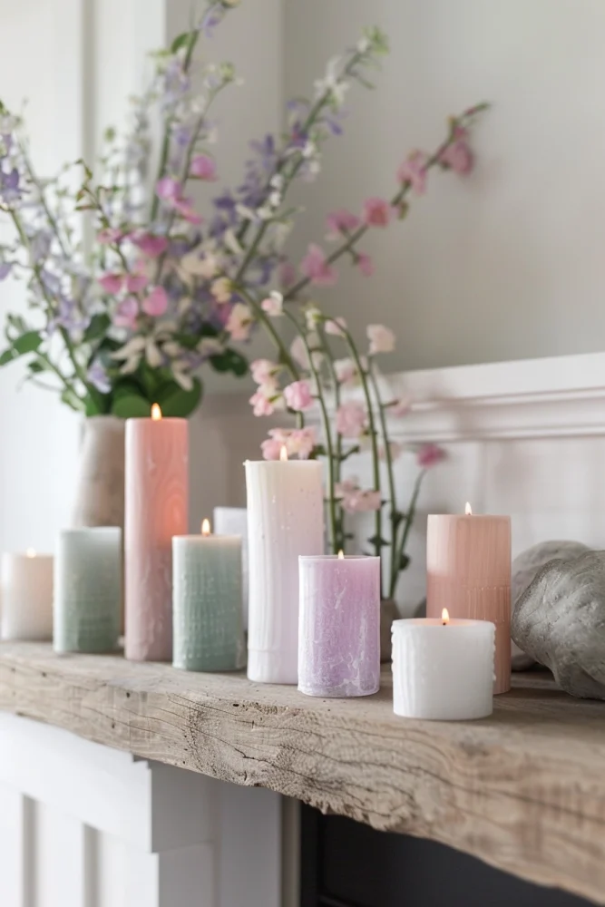 spring fireplace mantle decor ideas with pastel candles 3