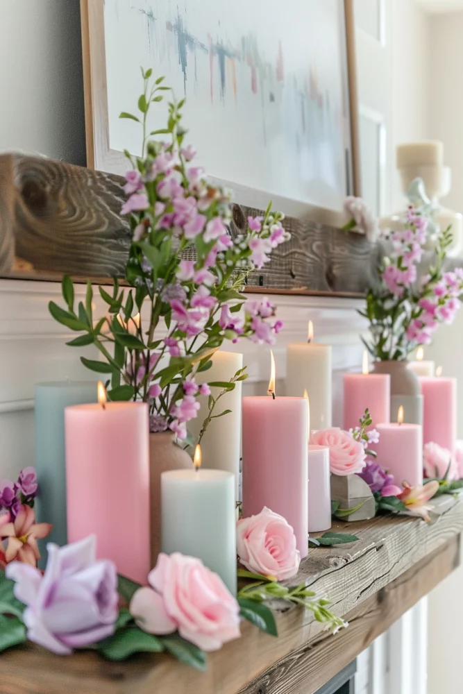 spring fireplace mantle decor ideas with pastel candles