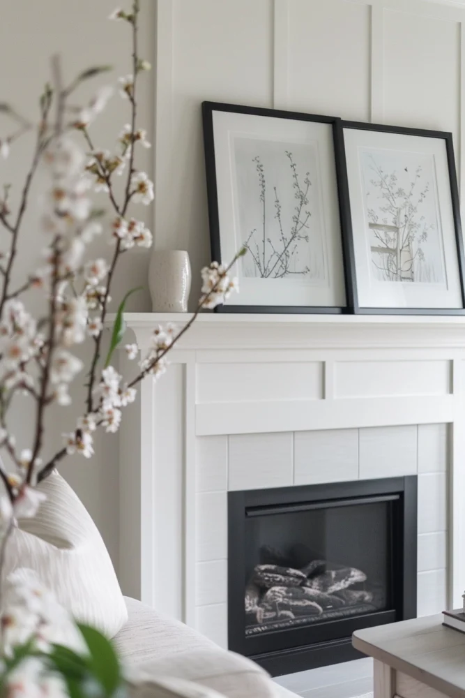 spring fireplace mantle decor ideas with spring art 3