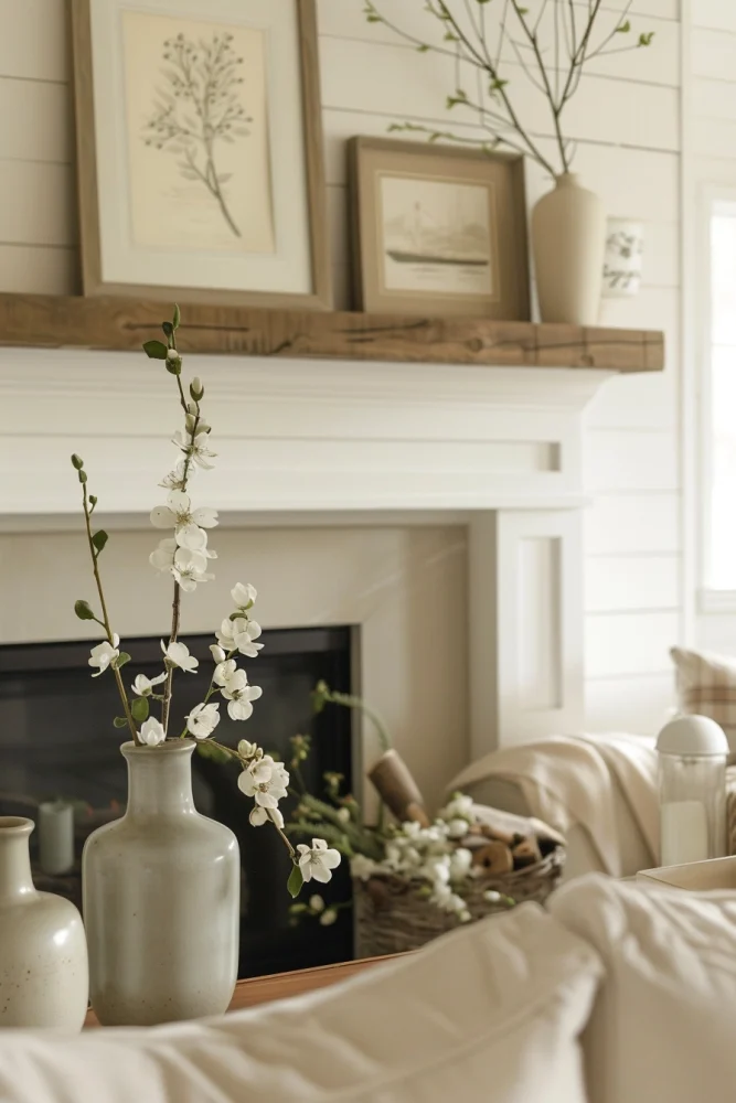 spring fireplace mantle decor ideas with spring art