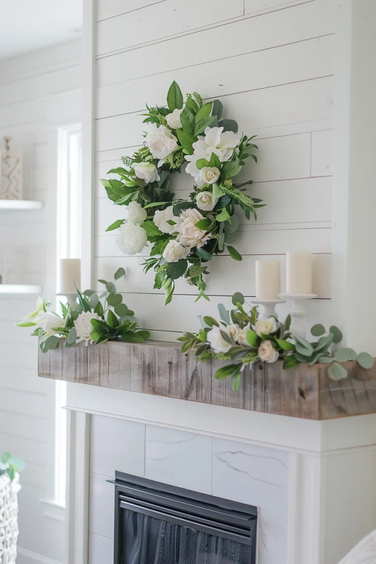 spring fireplace mantle decor ideas with spring wreath