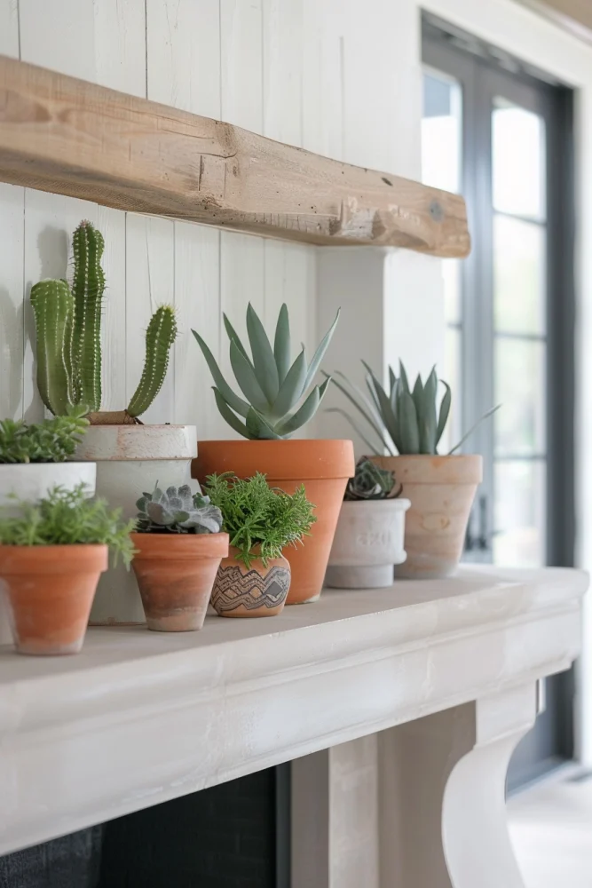 spring fireplace mantle decor ideas with terracota vases