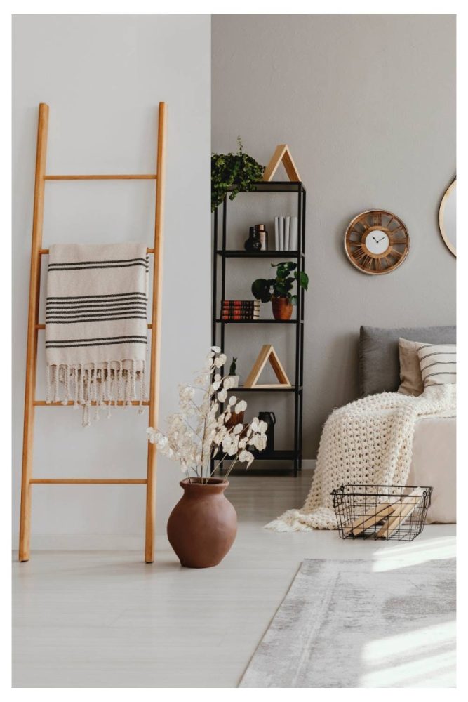 wooden ladder for chic storage Clever Small Bedroom Organization Ideas