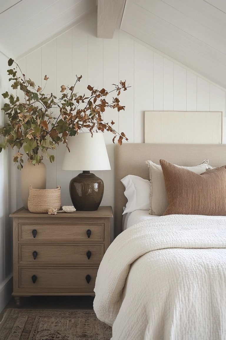 fall bedroom decor with tray with seasonal greenery