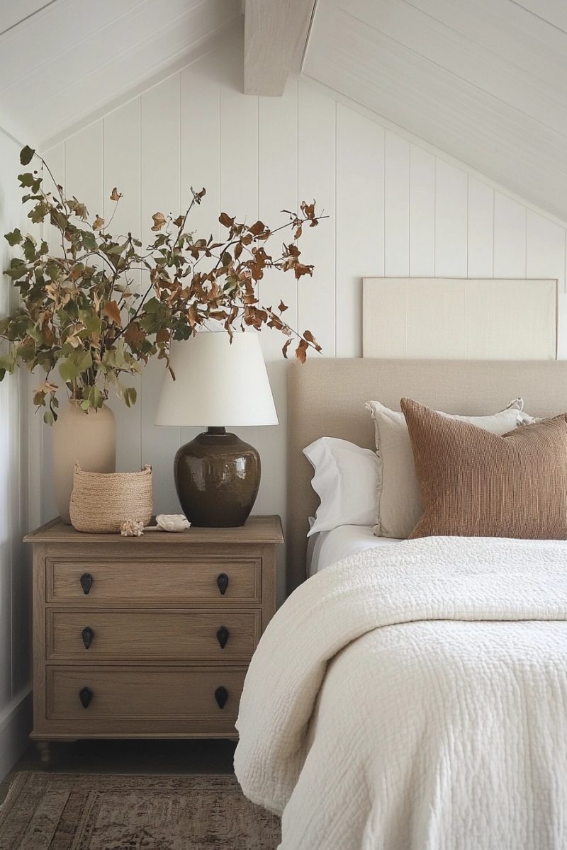 fall bedroom decor with tray with seasonal greenery