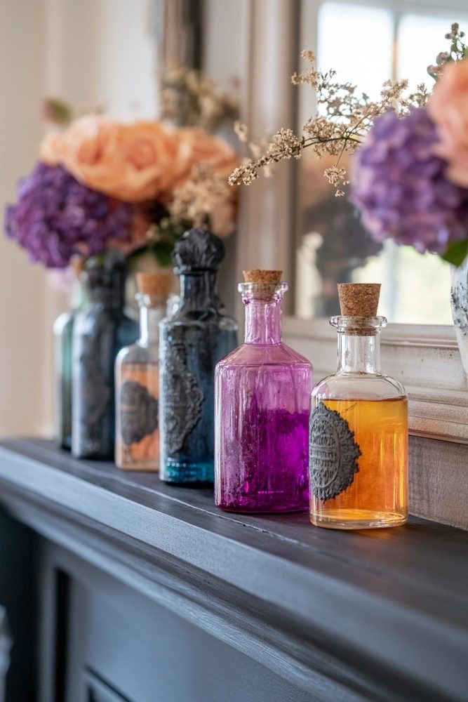 halloween mantle decor ideas vintage bottles
