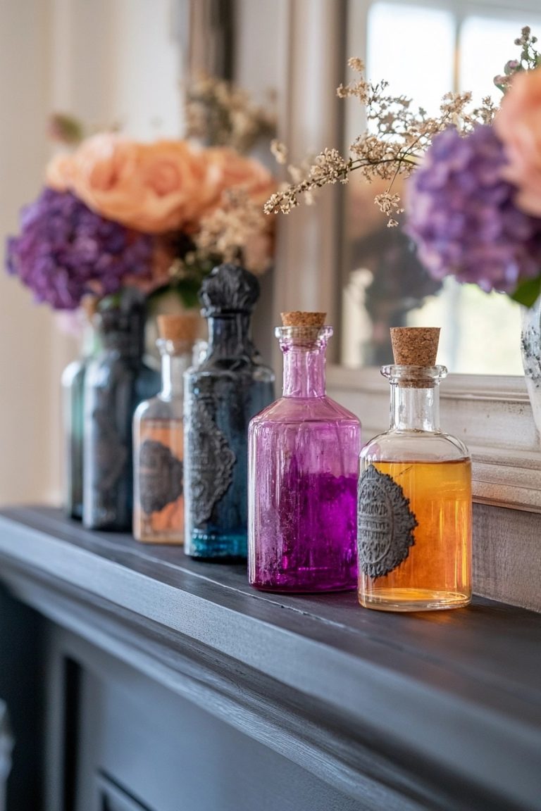halloween mantle decor ideas vintage bottles