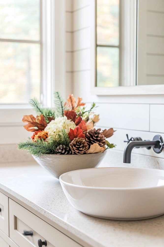 fall bathroom decor ideas bowl of pinecones