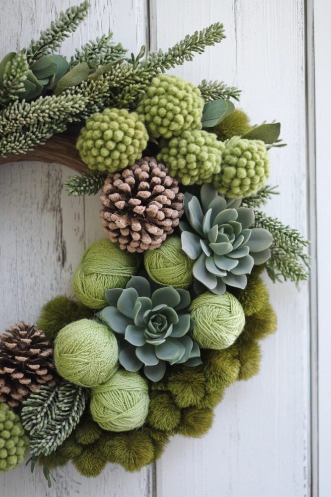Combine Cozy and Cool with a Succulent and Yarn Pom Pom Wreath