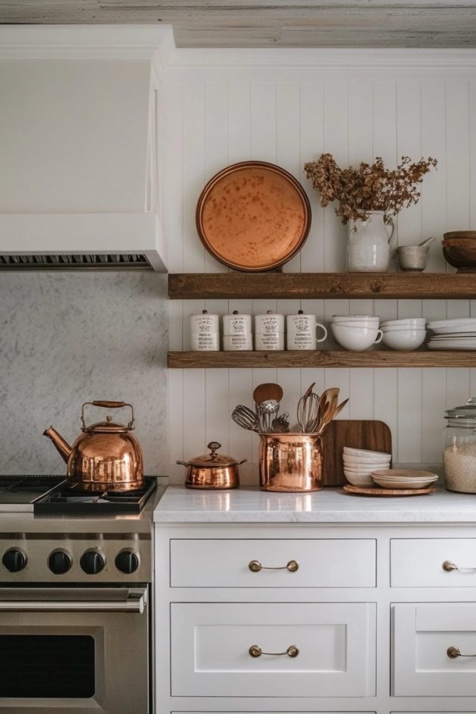 Decorate Above Kitchen Cabinets Copper or Metal Accents