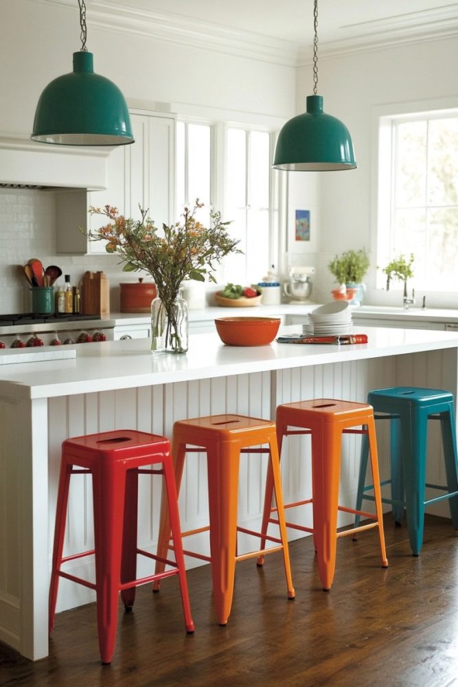 How to add color to a white kitchen bright bar stools