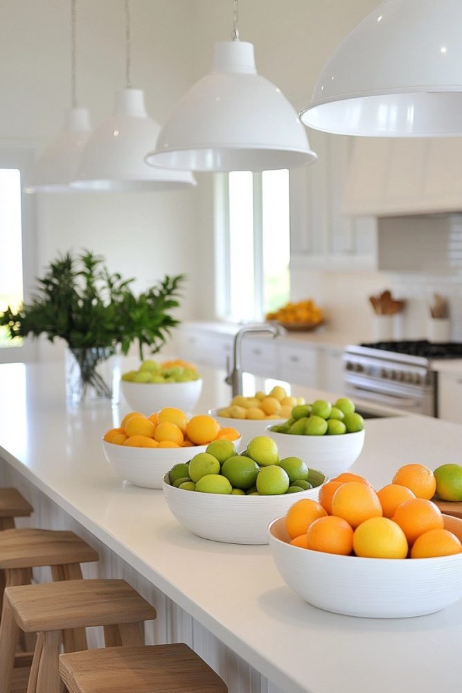 How to add color to a white kitchen decorative bowls and fruit