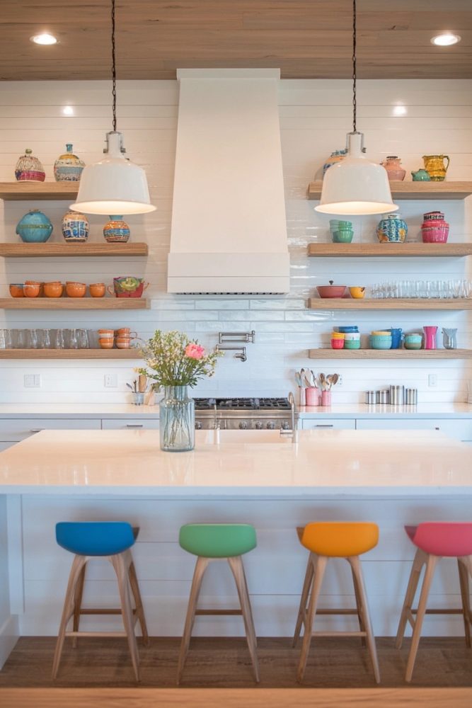 How to add color to a white kitchen open shelving