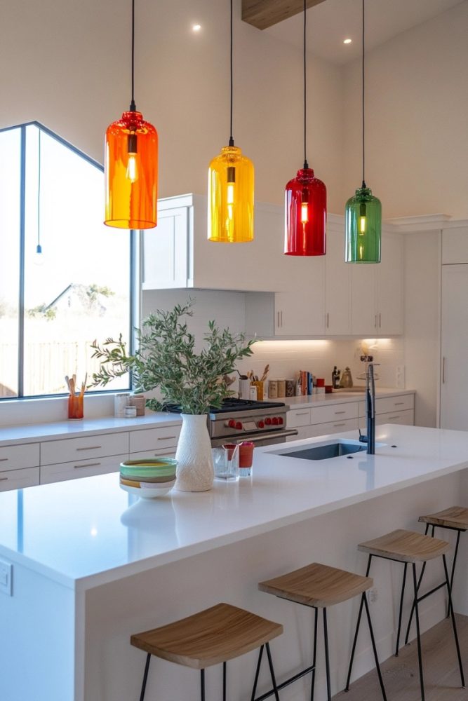 How to add color to a white kitchen statement lighting