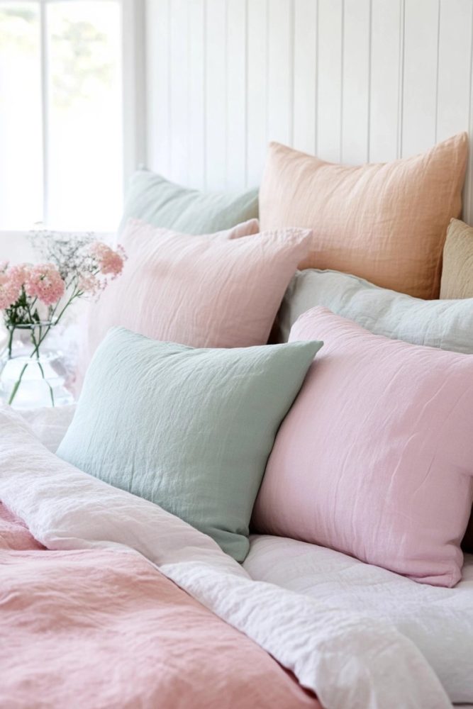 How to arrange bedroom pillows without headboard Color Blocking