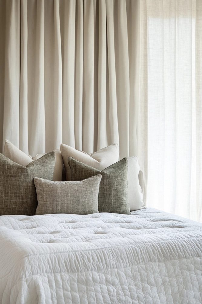 How to arrange bedroom pillows without headboard Floor to Ceiling Curtain Backdrop