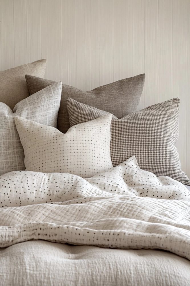 How to arrange bedroom pillows without headboard Monochromatic Pillow Stack