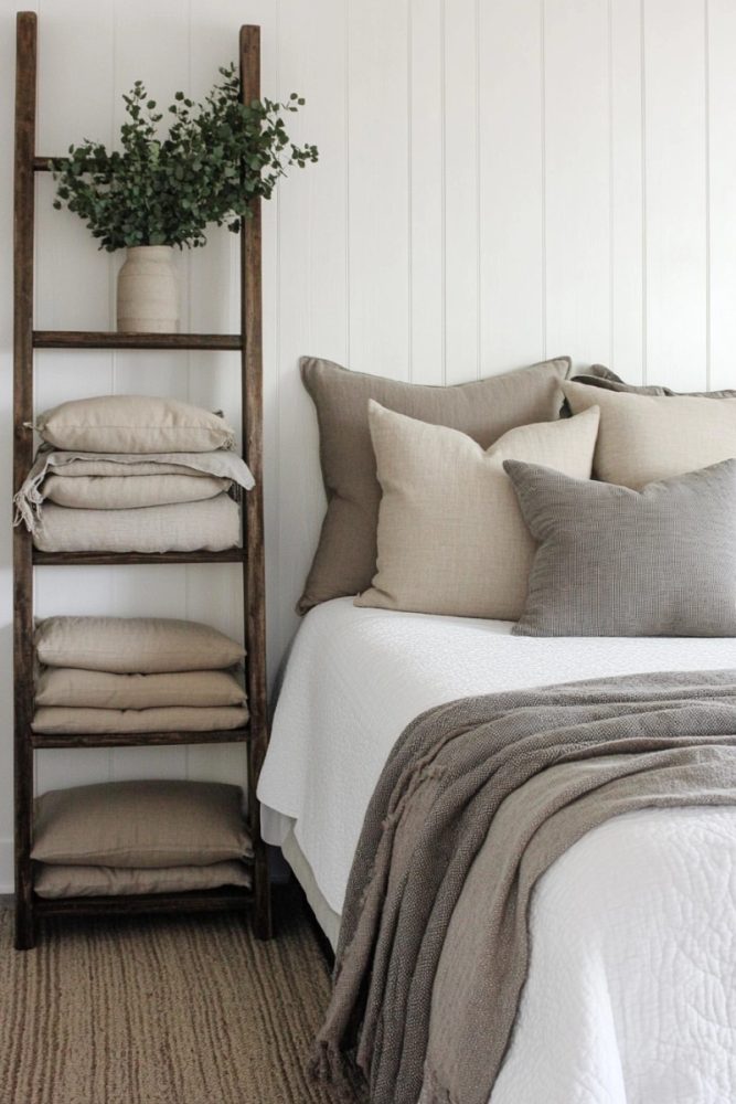 How to arrange bedroom pillows without headboard Rustic Ladder Shelf Backdrop