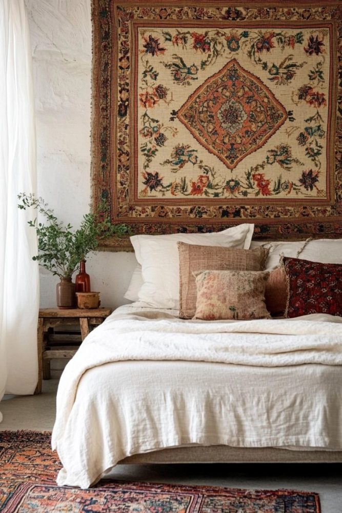 How to arrange bedroom pillows without headboard Tapestry or Wall Hanging