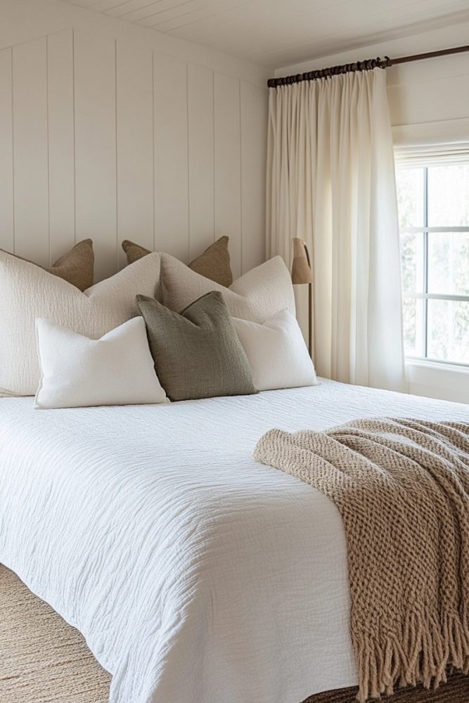 How to arrange bedroom pillows without headboard Textured Throw Blanket Backdrop