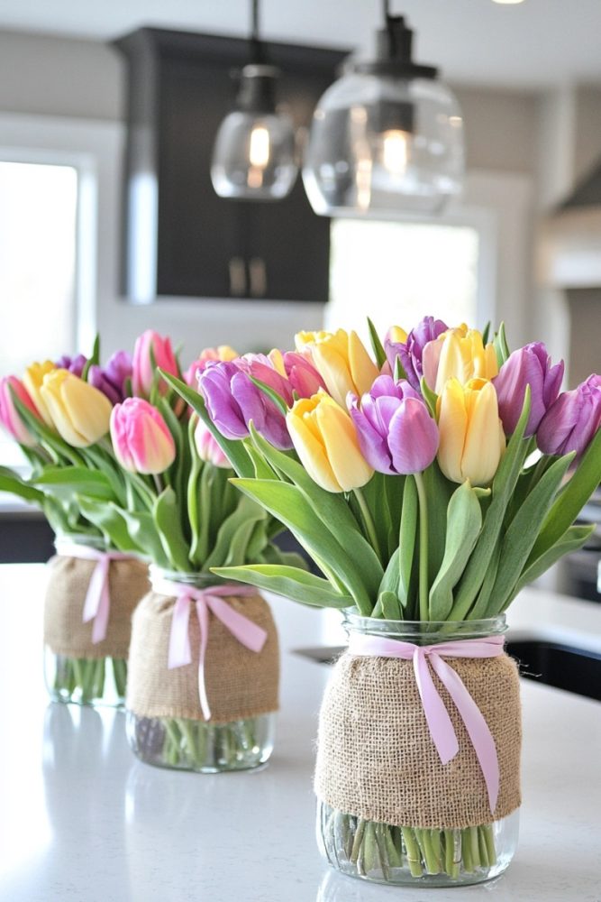 spring table centerpieces Tulip and Burlap Mason Jars