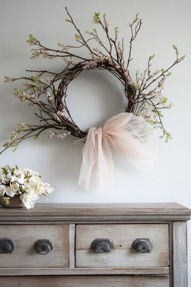 spring wreath ideas Float on Air with a Delicate Tulle and Branch Wreath