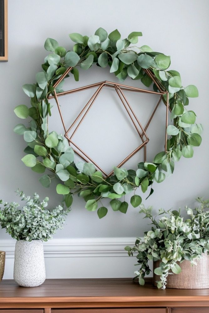 spring wreath ideas Stay Trendy with a Eucalyptus wreath and Geometric Accents Wreath
