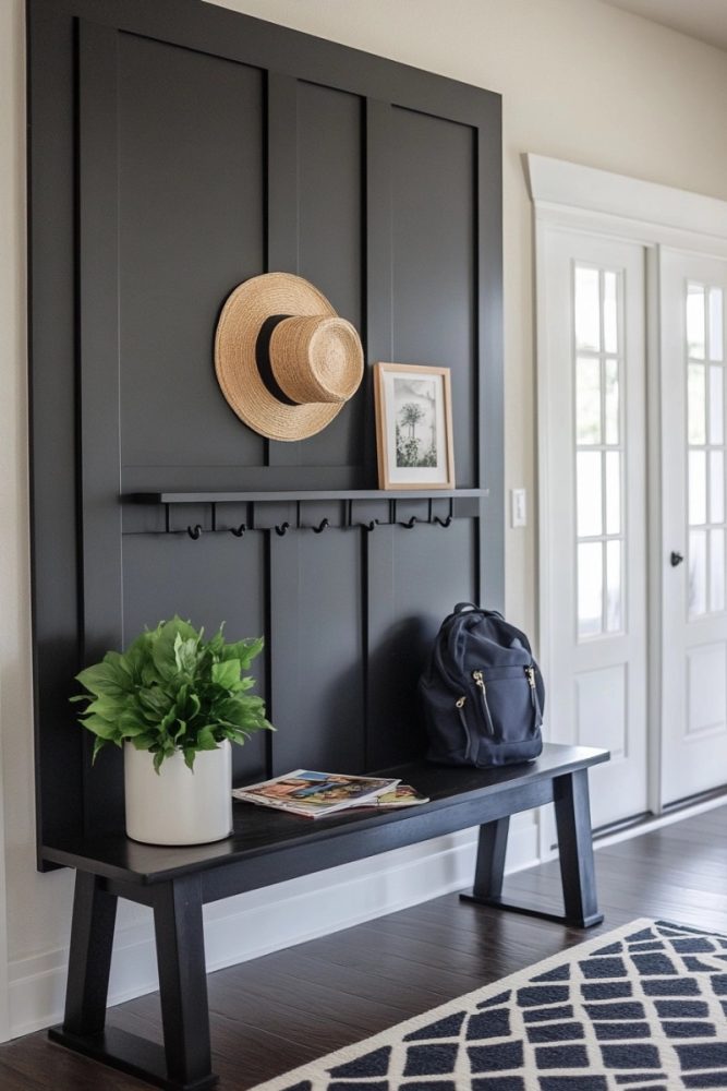 Black Board and Batten Ideas Cozy Entryway with Hooks and Storage