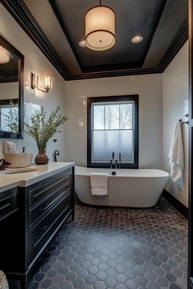 Black and white bathroom ideas Black Hexagonal Tiles