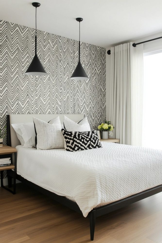 black and white bedroom ideas Geometric Wallpaper Accent