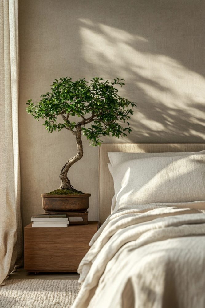 japandi bedroom ideas Indoor Bonsai or Olive Tree