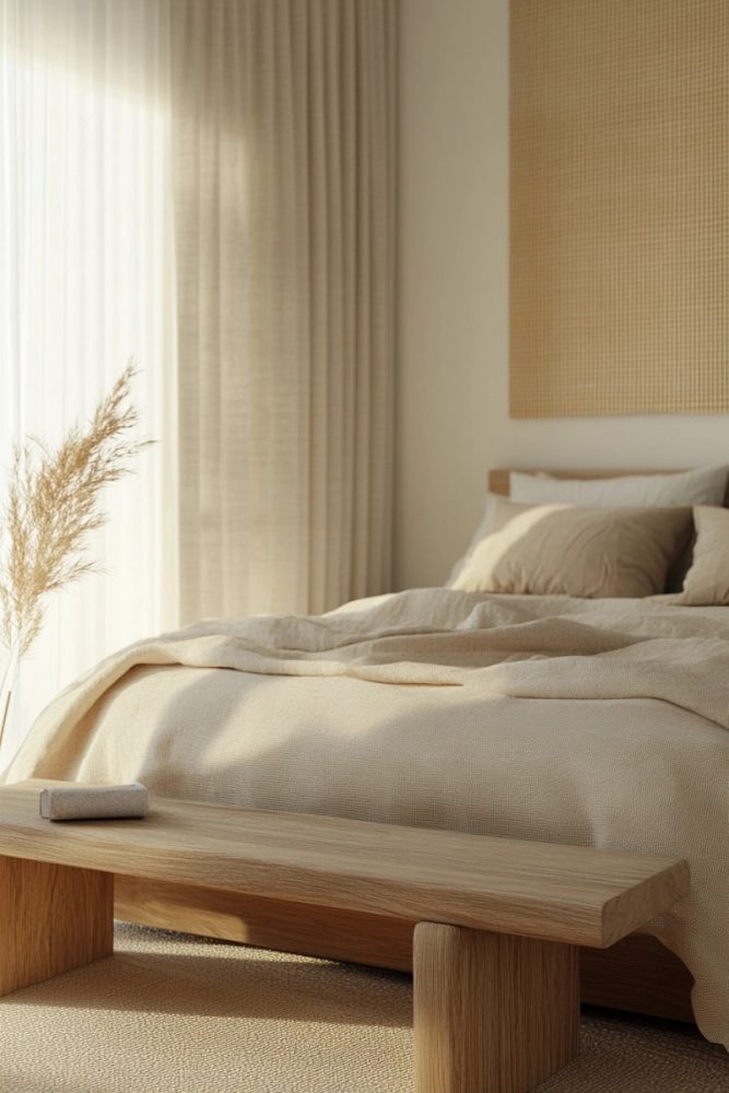 japandi bedroom ideas Low Platform Bed with Organic Bedding