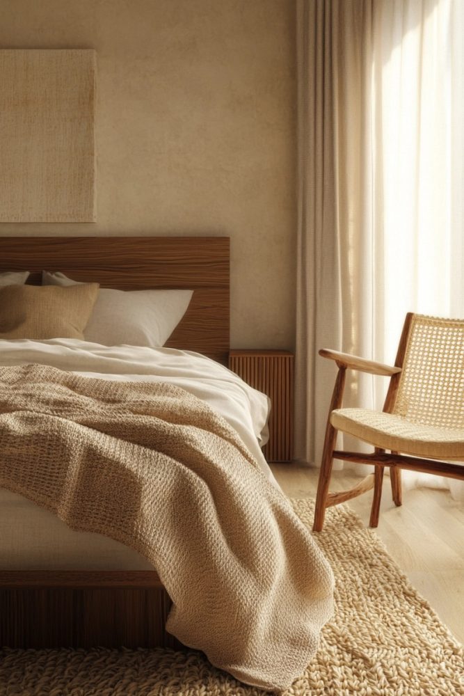 japandi bedroom ideas Neutral Layered Textiles