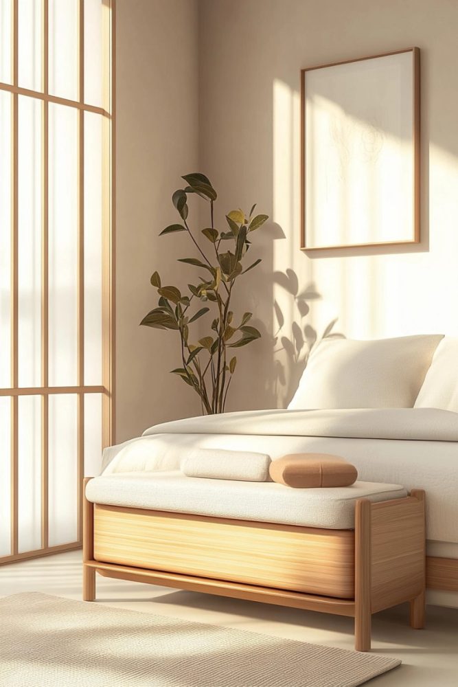 japandi bedroom ideas Scandinavian Style Storage Bench