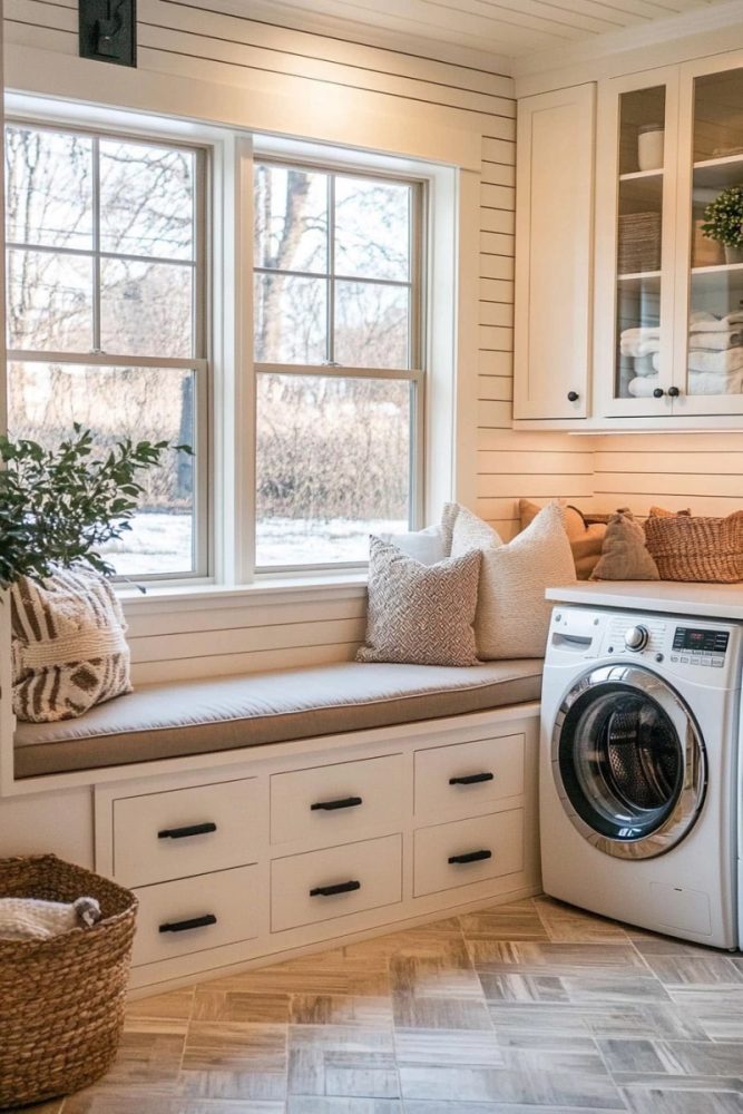 mudroom laundry room ideas layout Cozy Window Seat with Storage Underneath