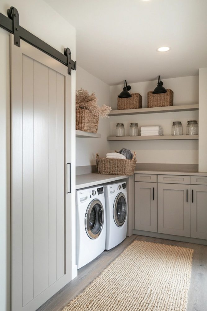 mudroom laundry room ideas layout Sliding Barn Doors for a Hidden Laundry Zone