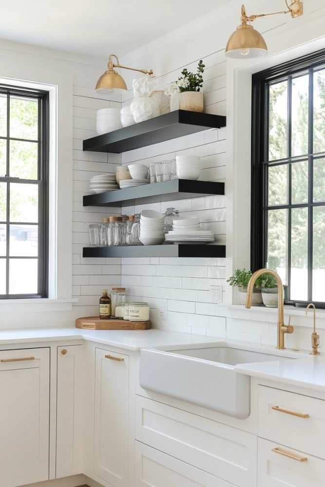 open kitchen shelf ideas Go Bold with Dark Shelves on a Light Wall