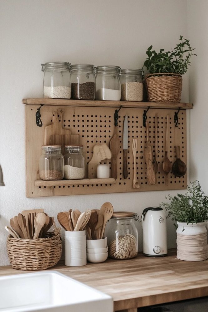 open kitchen shelf ideas Pegboard + Open Shelves