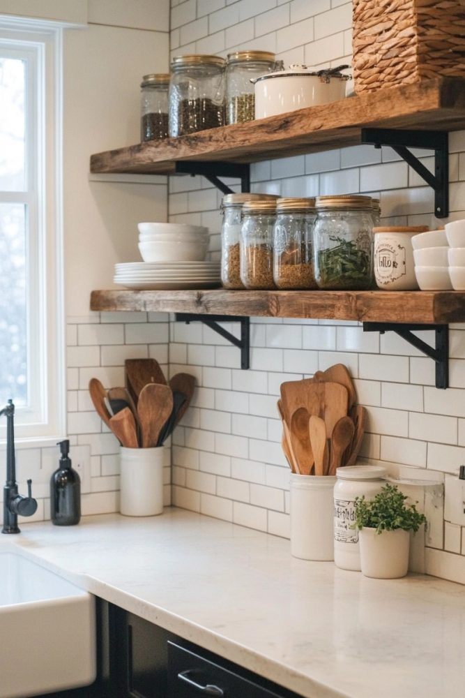 open kitchen shelf ideas Rustic Farmhouse Style